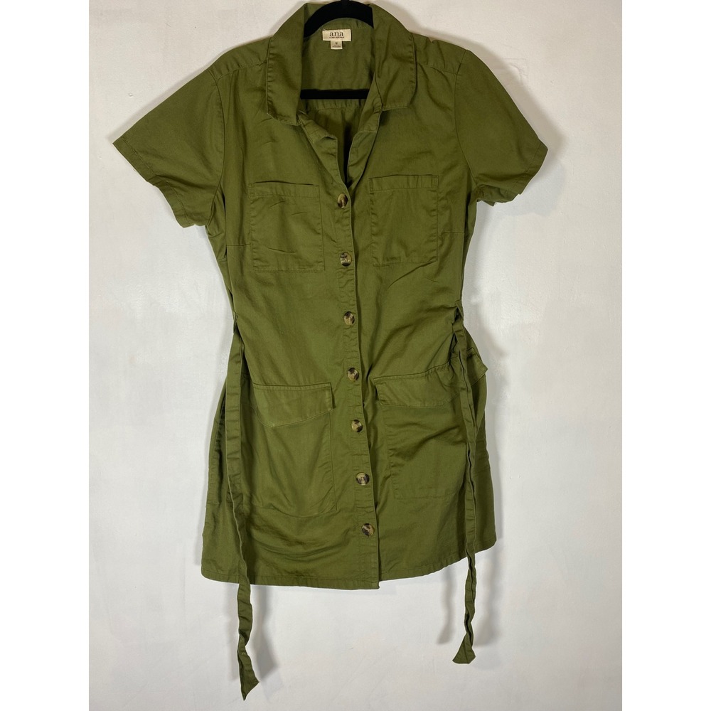 ANA Olive Green Utility Shirt Dress Safari Cotton Tie Waist M Utility Travel